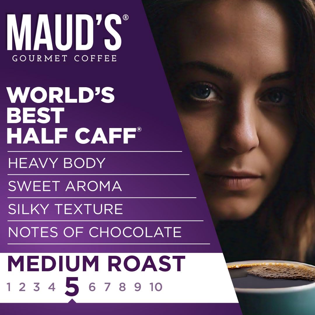 Maud's Half Caff Coffee Pods, 18 ct, Medium Roast Coffee in Single Serve Pods - 100% Arabica Coffee, Compatible with Keurig K Cups Maker