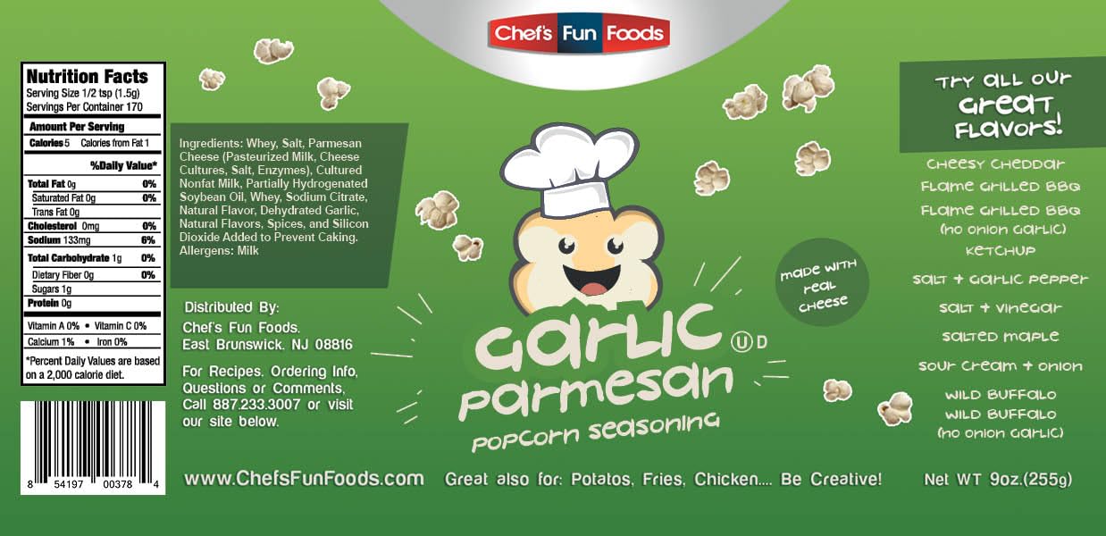 Popcorn Garlic Parmesan 9 OZ | Kosher Food for Restaurants and Home Cooks | No MSG or Fillers | Great for Popcorns, Fried Foods, BBQ, Chicken Wings