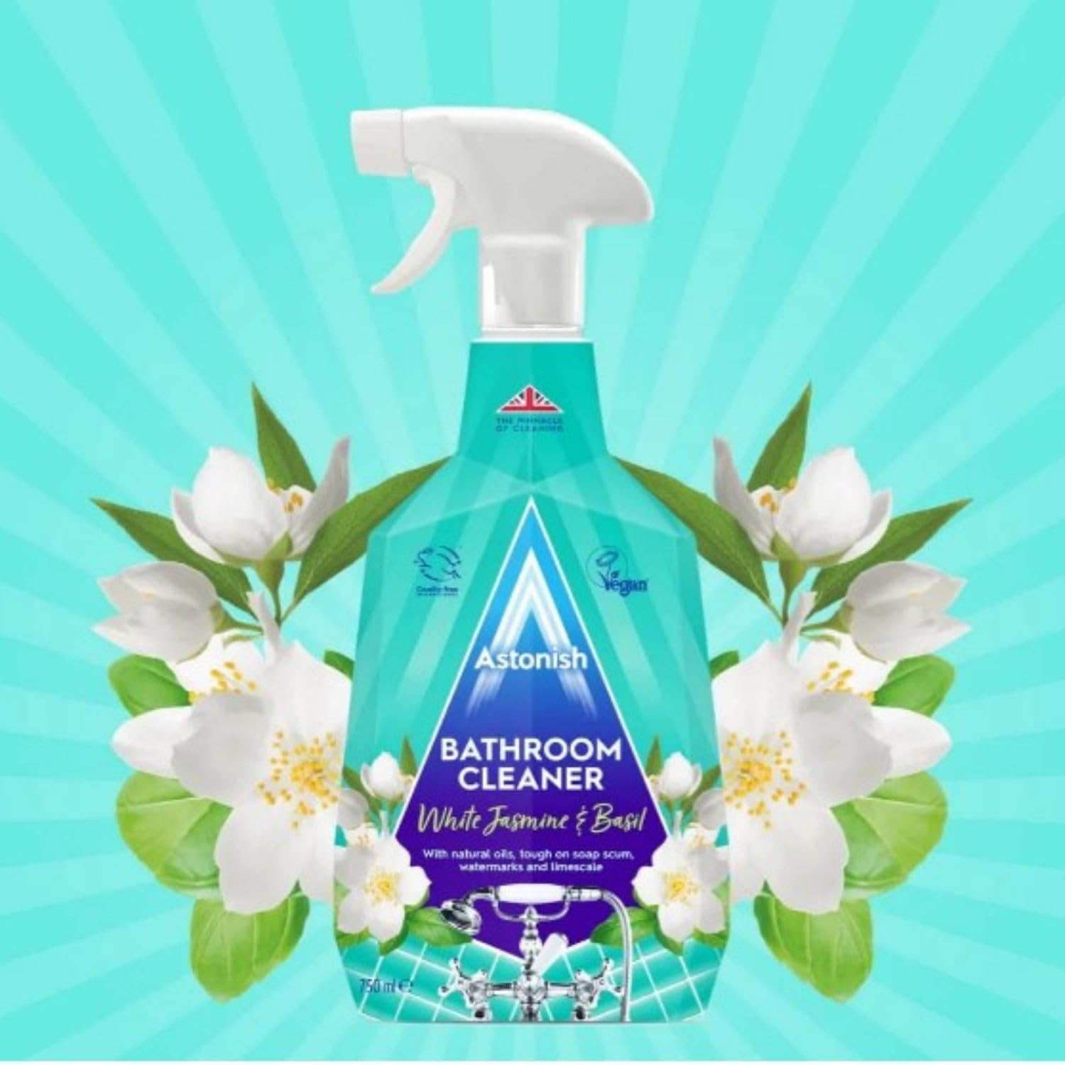 Astonish Streak Free Foaming Bathroom Cleaner Spray Bottle - Deep Cleaning White Jasmine & Basil Scented Spray For Soap Scum, Watermarks & Limescale