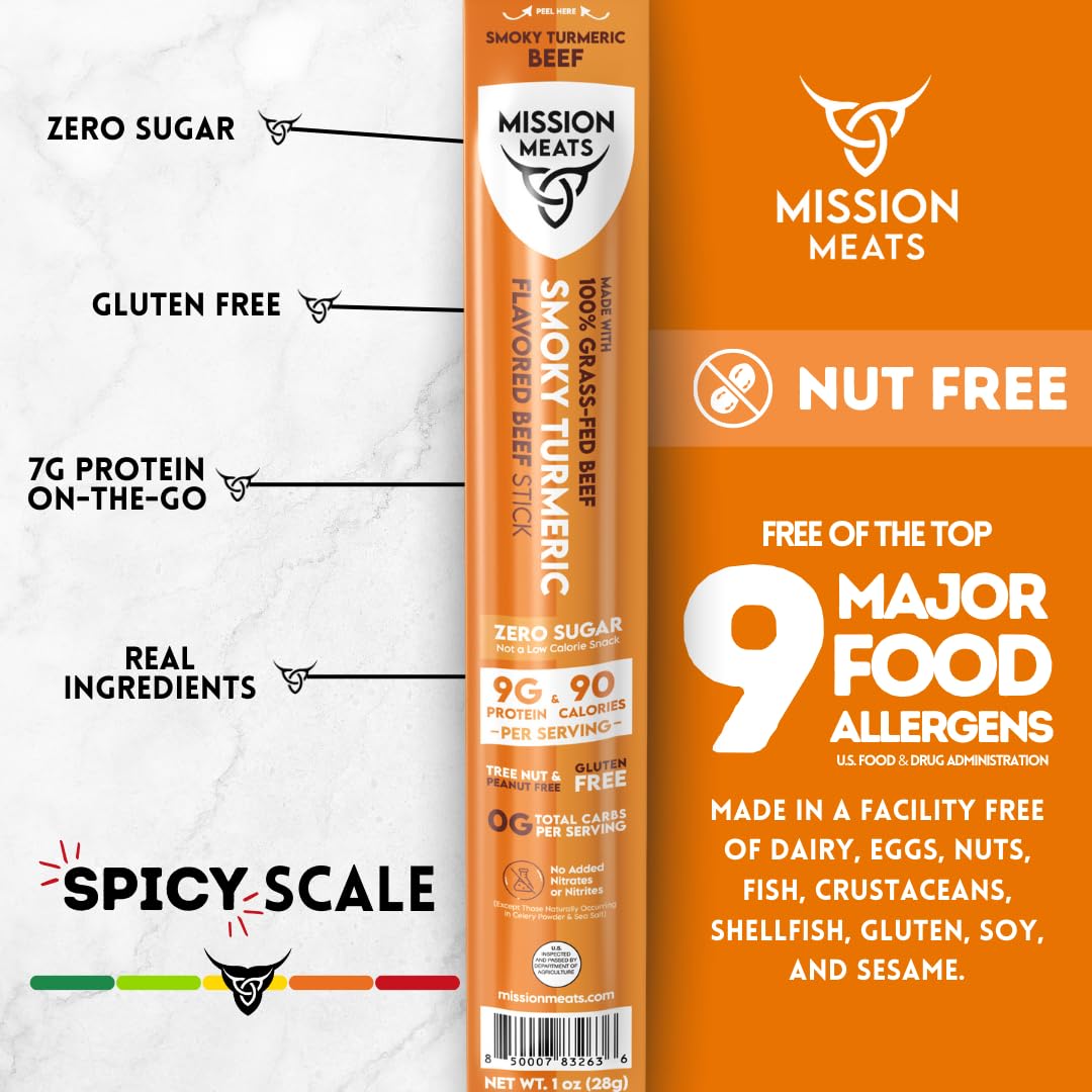 Mission Meats Beef Sticks - 100% Grass Fed & Pasture Raised, Sugar Free, Individually Wrapped Healthy Snacks, Whole 30 & Paleo Friendly, Smoky