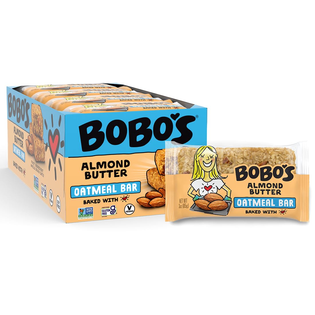 Bobo's Almond Butter Oat Bars, Simple Ingredients, Whole Grain Oats, Plant Based, Gluten Free Breakfast Bars, Non-GMO, Healthy Snacks for Adults