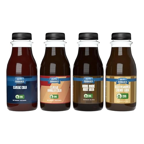 Ralph's 4 Cane Sugar Sparkling Water Soda Maker Flavors Pack | Classic Cola | Classic Vanilla Cola | Root Beer | Cream Soda | Four 12oz Bottles |