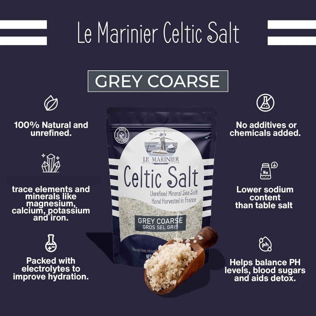 Le Marinier Celtic Salt Organic Grey Coarse, 1.1lb - 18oz. Mineral Rich 100% Natural and Unrefined French Sea Salt Organic. Hand Harvested Mineral Sea
