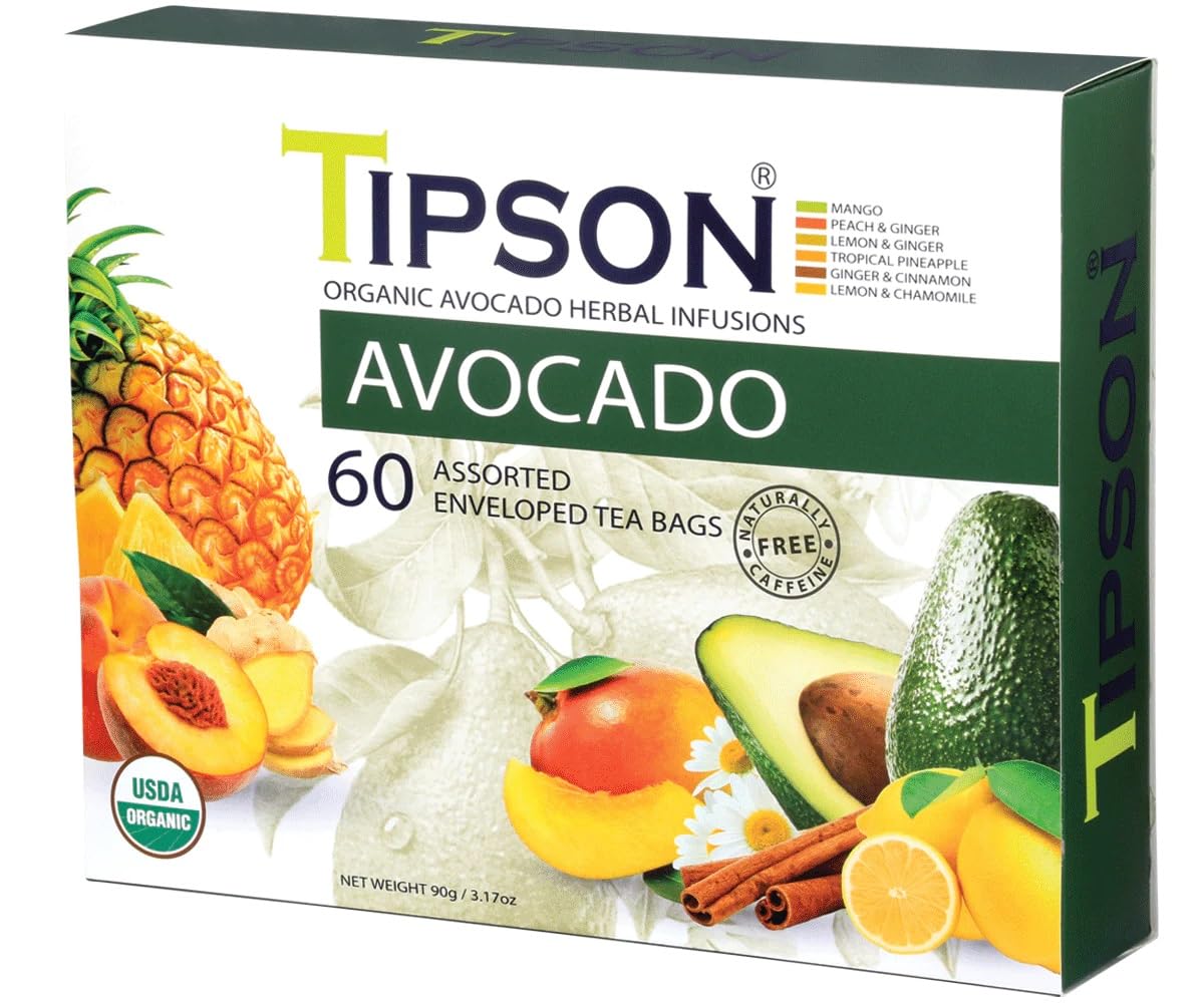 Tipson Organic Avocado Variety Sampler - 6 Flavors (60 Tea Bags), Herbal Tea Infusions - USDA Organic, Non GMO, and Gluten Free