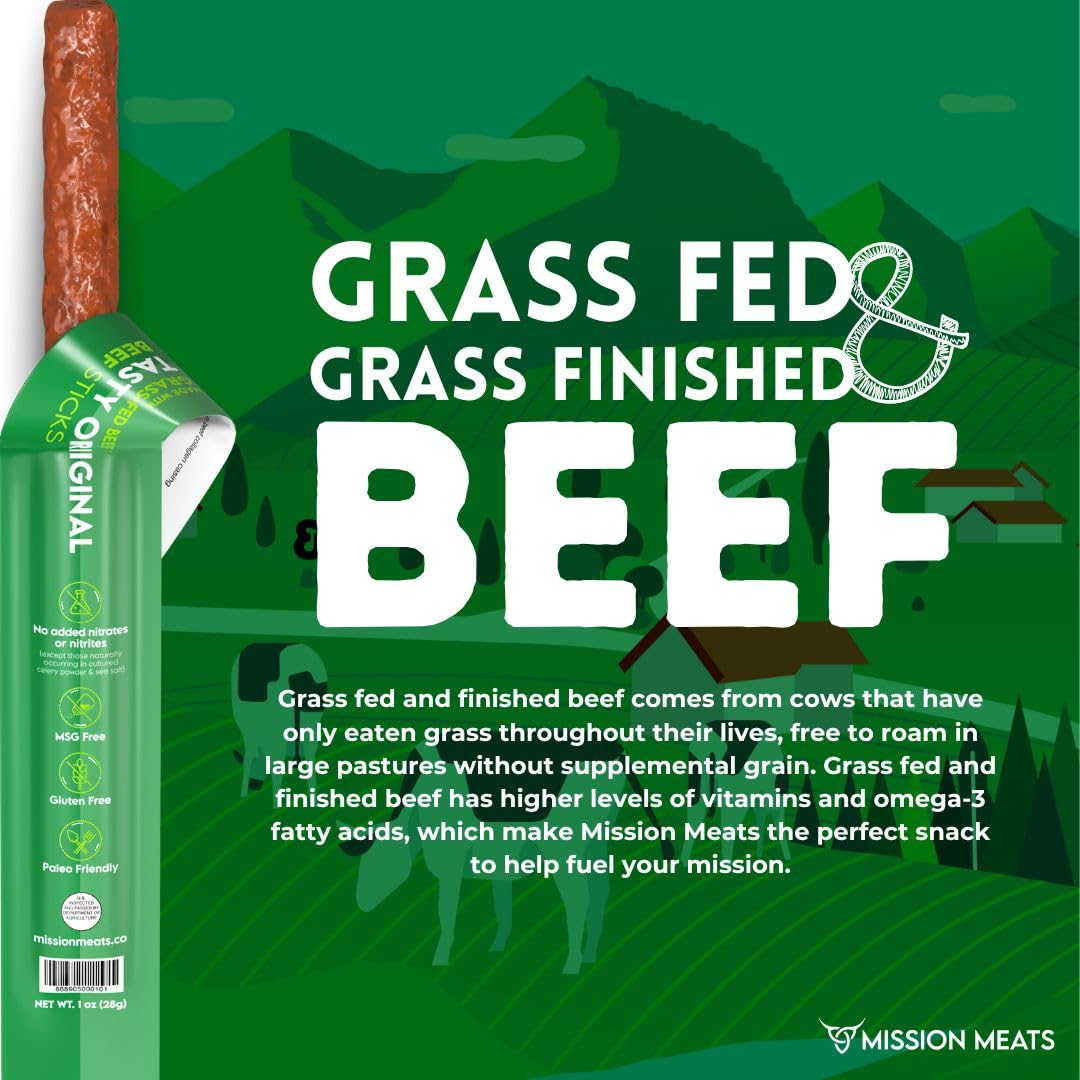 Mission Meats Beef Sticks - 100% Grass Fed Beef, Zero Sugar, Healthy Snacks, Individually Wrapped, Gluten Free, Non-GMO, Original 1oz (Pack of 12)