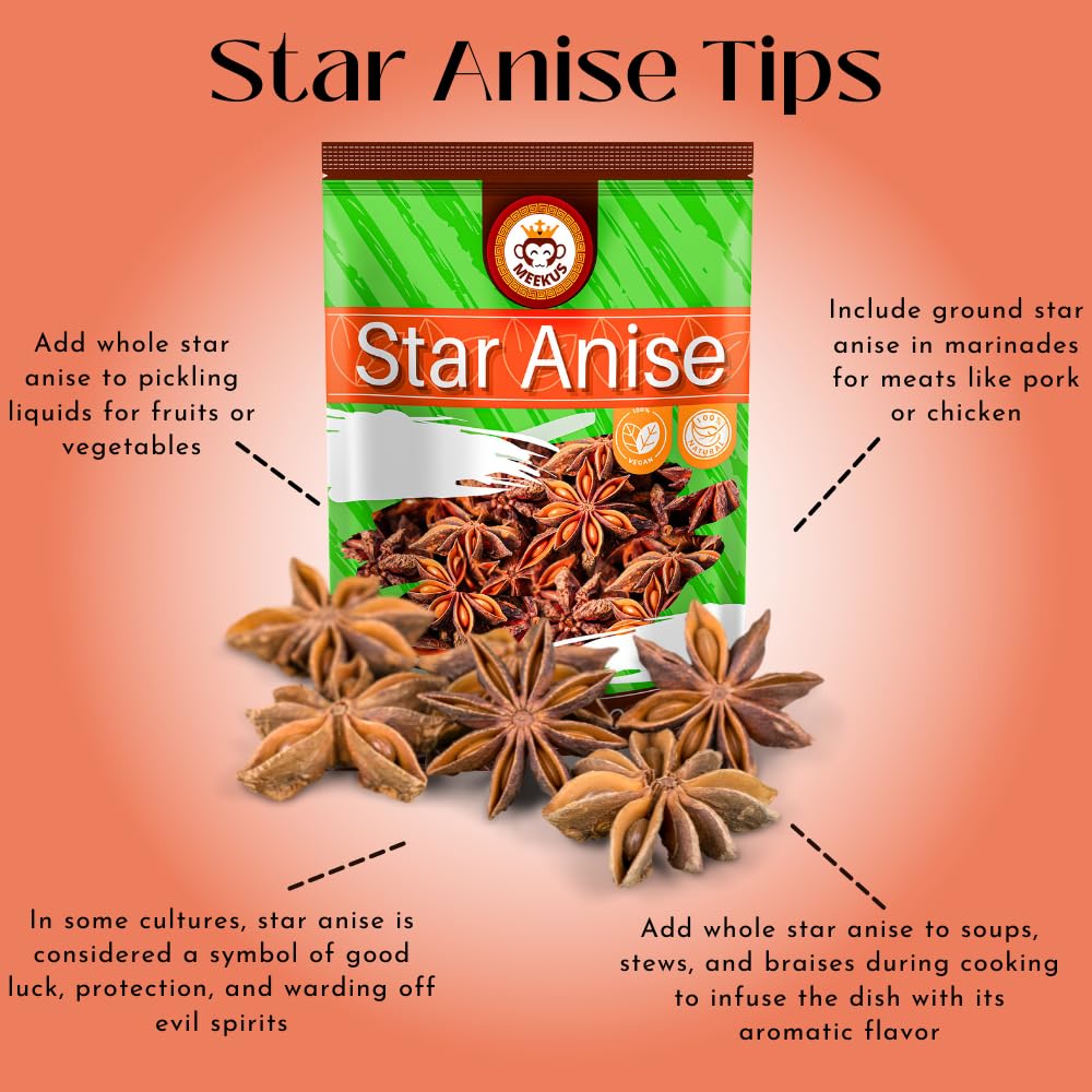 Meekus Premium Star Anise Whole - Aromatic Spice for Flavorful Seasoning & Tea- Pure Star Anise Seeds, Ideal for Culinary Use - 4 oz (1 Pack?