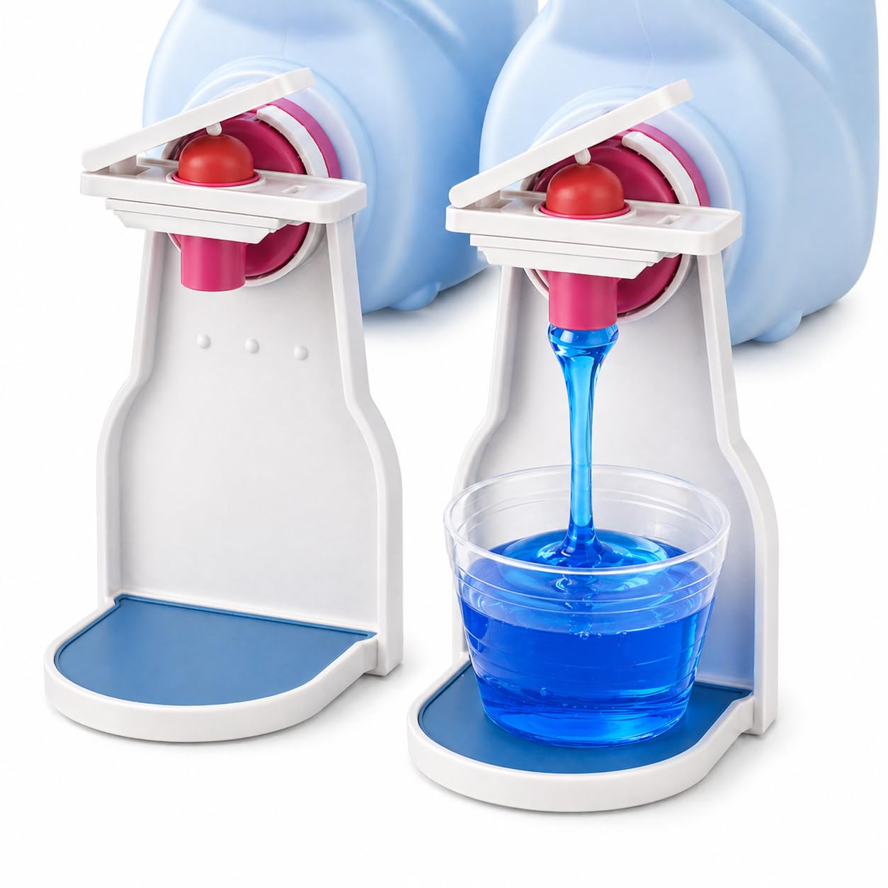 Laundry Detergent Cup Holder & Fabric Softener Drip Catcher, Easy-Press Lever with Secure Spout Clamp, Removable Drip Tray & Non-Slip Pad, Helps