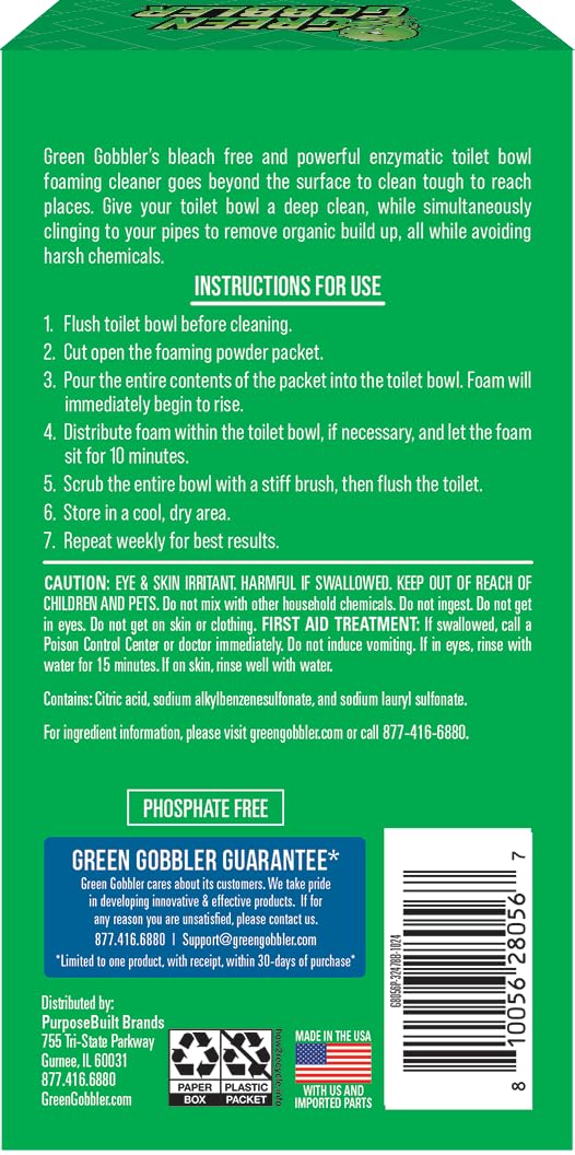 Green Gobbler 5-in-1 Foaming Toilet Bowl Cleaner + Pipe Build-up Remover, Enhanced Enzyme Formula, 2 Uses - Safe for Septic
