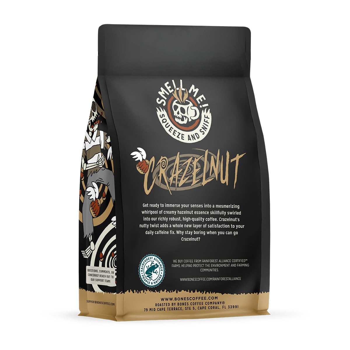 Bones Coffee Company Crazelnut, Hazelnut Flavored Coffee, Medium Roast Low Acid Arabica Beans Compatible with Auto drip and French Press Coffee Maker