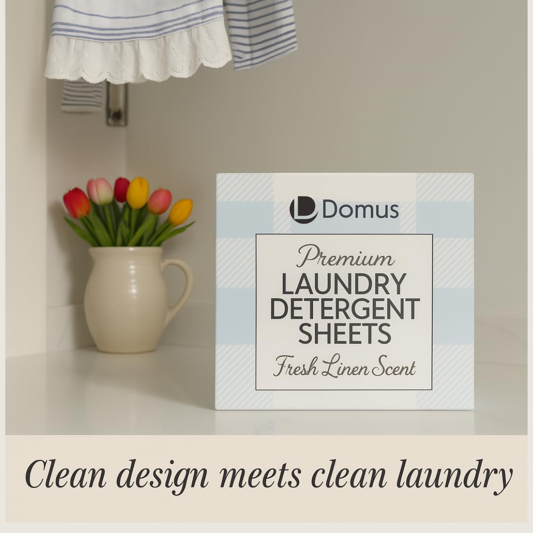 D Domus Eco-Friendly Laundry Detergent Sheets - Fresh Linen Scent, Plastic-Free, Pre-Measured, Dissolvable, Safe for All Machines, 60 Loads