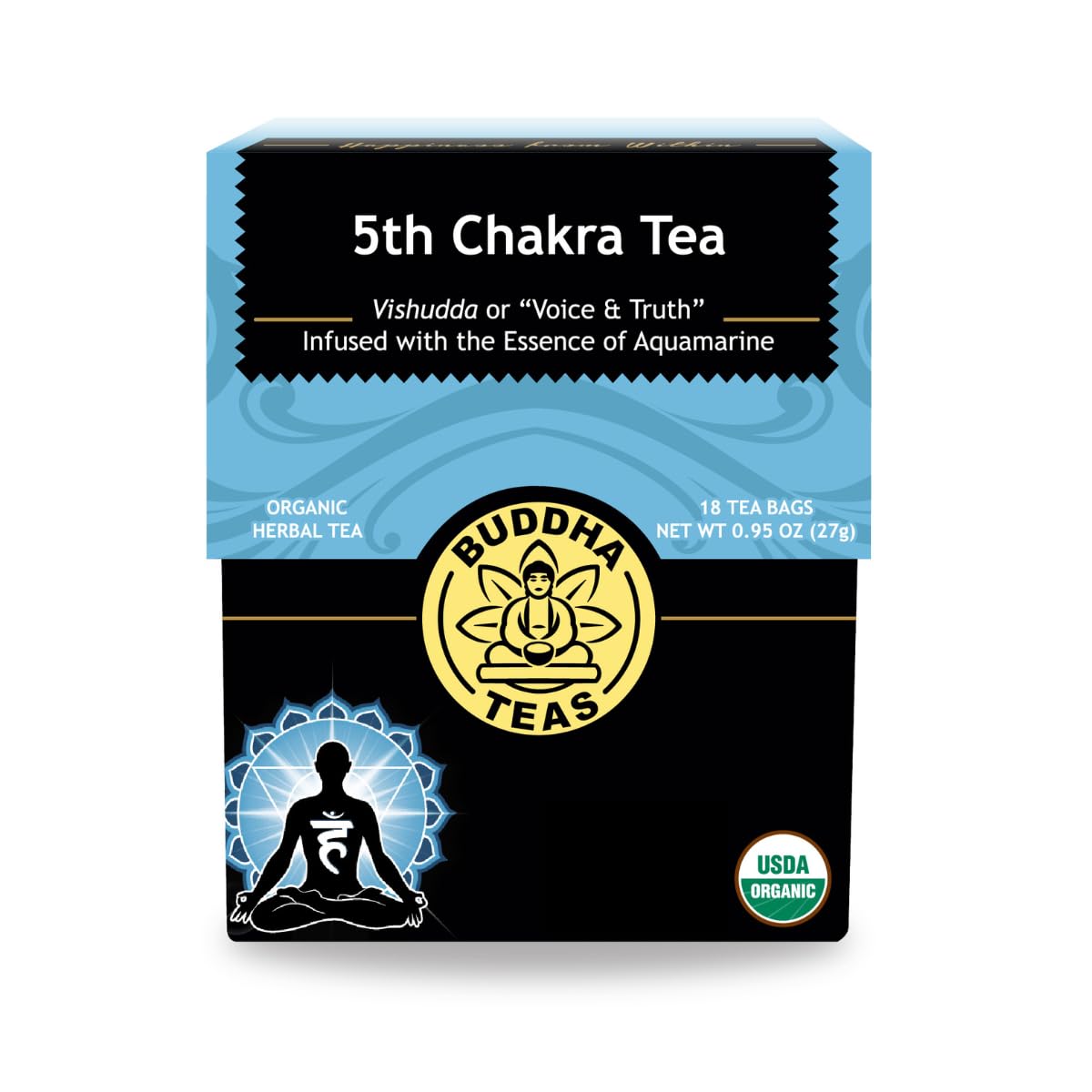 Buddha Teas - 5th Chakra Tea - Organic Herbal Tea - For Communication, Creativity & Self-Expression - With Licorice, Cinnamon & Aquamarine Essence