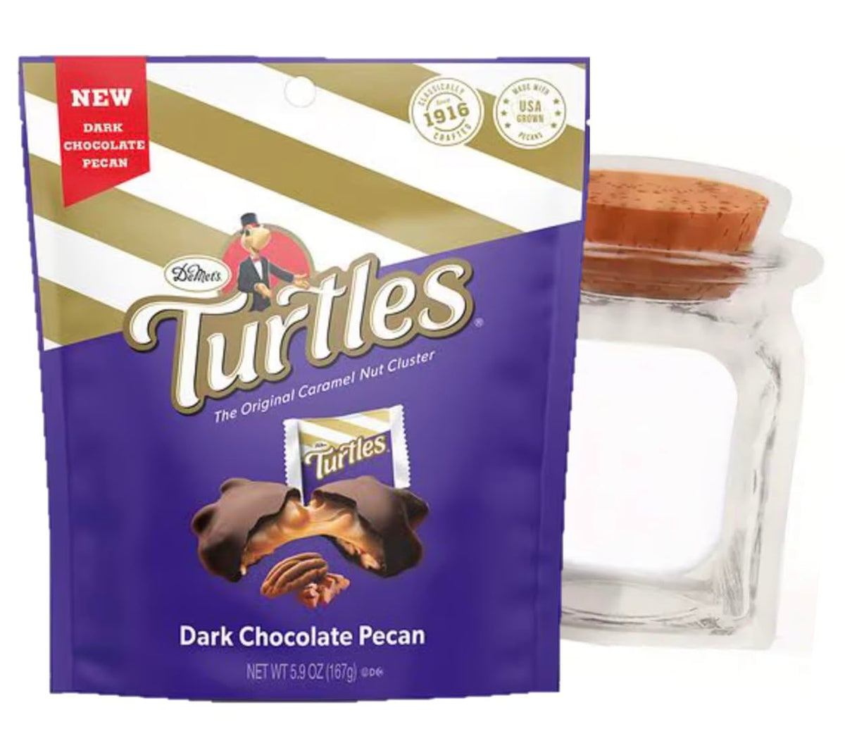 Chocolate Turtles Bites Size Candy Caramel Pecan Nuts Cluster Dark Chocolate With A Standing Decorative Bag