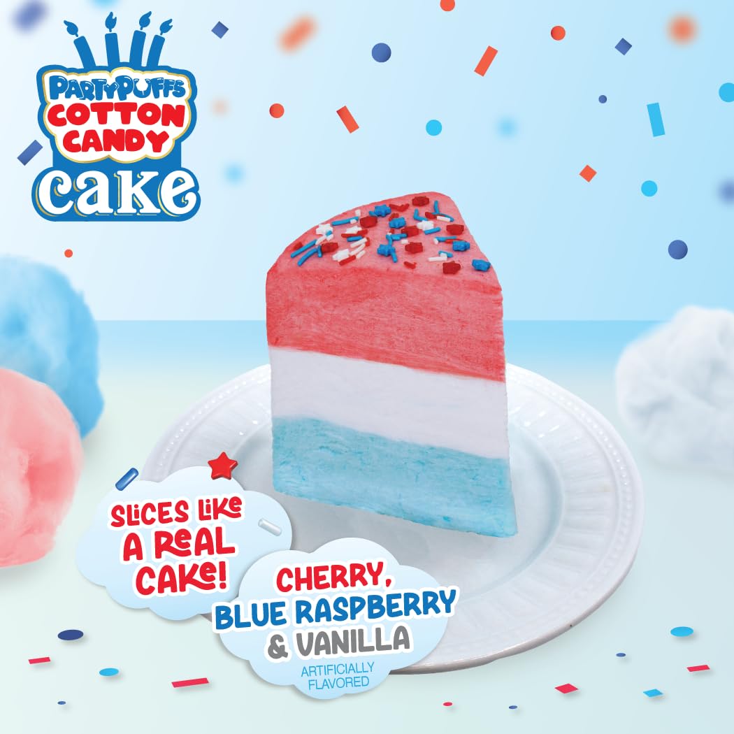 PartyPuffs Jumbo Cotton Candy Cake 13oz - Slices Like Real Cake - Strawberry Vanilla Blue Raspberry - Ready to Serve Gluten-Free Dessert for Birthdays