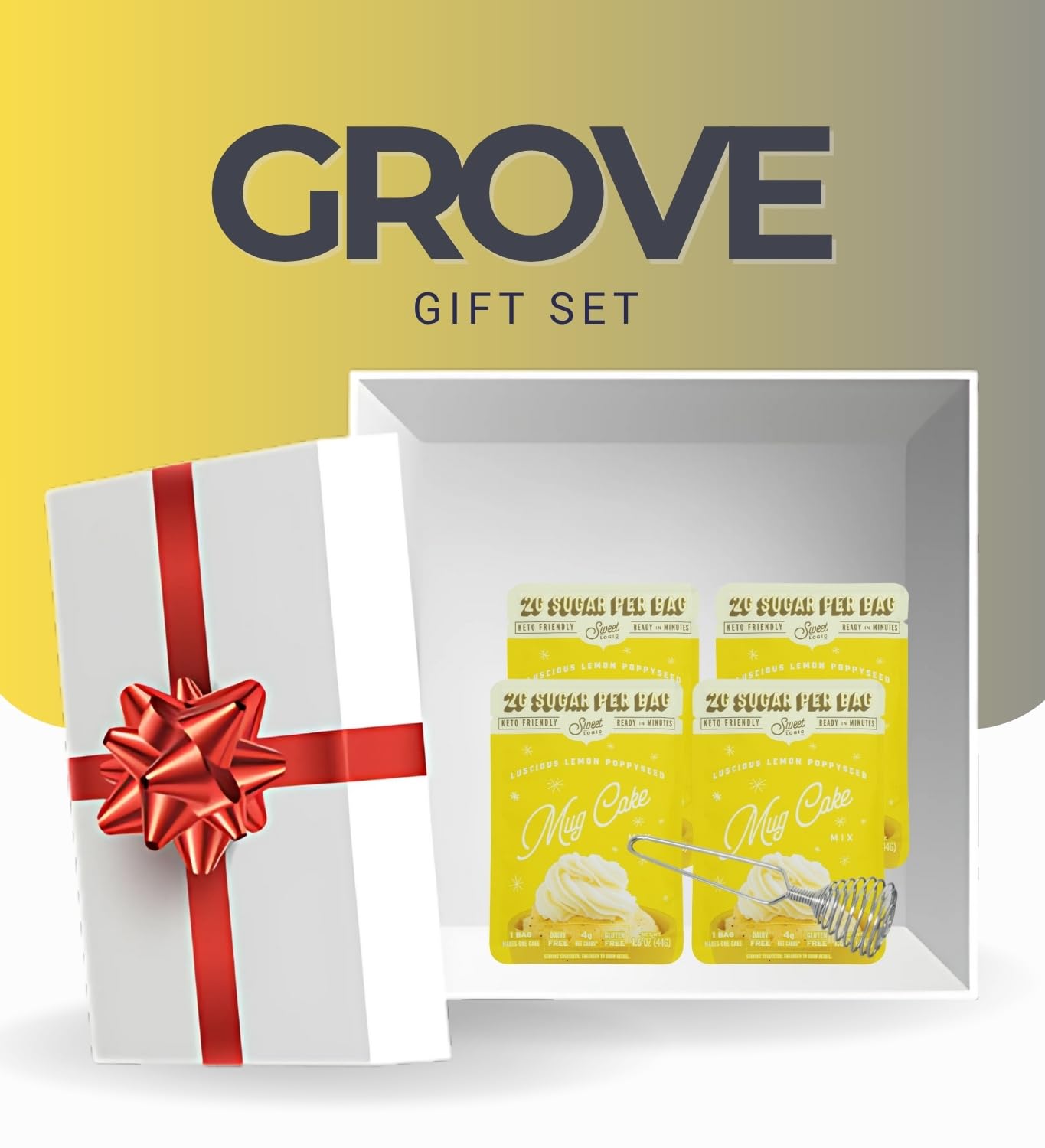 4x Sweet Logic Cake Mix Lemon Poppyseed 1.6 oz Bundle with Silver French Whisk - Low-Sugar High-Protein Mug Cake Mix for Gluten-Less Lemon Poppyseed