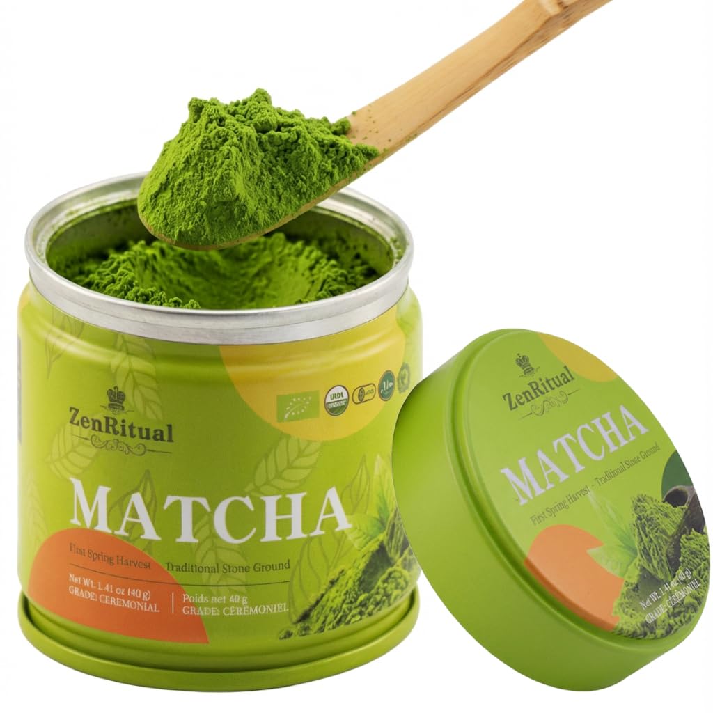 ZenRitual Ceremonial Grade Matcha Powder - Pure Organic Green Tea, 1.41 oz (40 Single Servings) Tin - Authentic Stone Ground, Eurofins Tested - Zero
