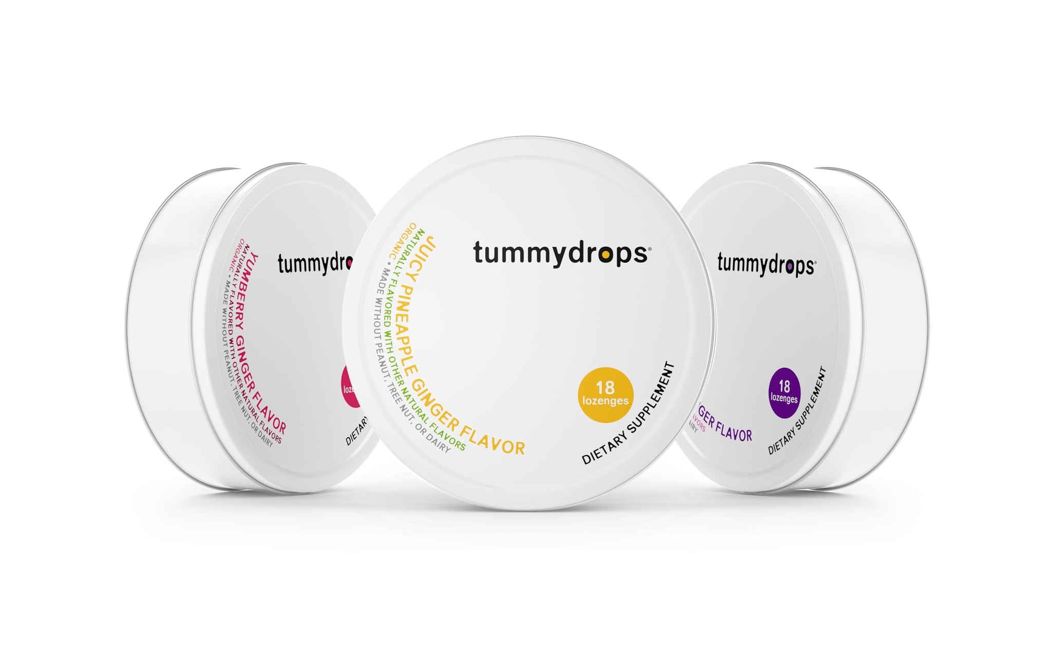 USDA Organic Mellow Ginger Variety Pack Tummydrops (1 tin each blackberry, pineapple, & yumberry-total of 54 drops). Gluten Free, Vegan, Organic