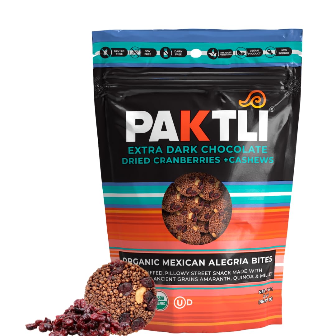 Paktli Organic Alegría Bites 4-Pack - Extra Dark Chocolate with Cranberries & Cashews, Four 2oz Bags, Organic Ancient Grain Snack, Non-GMO