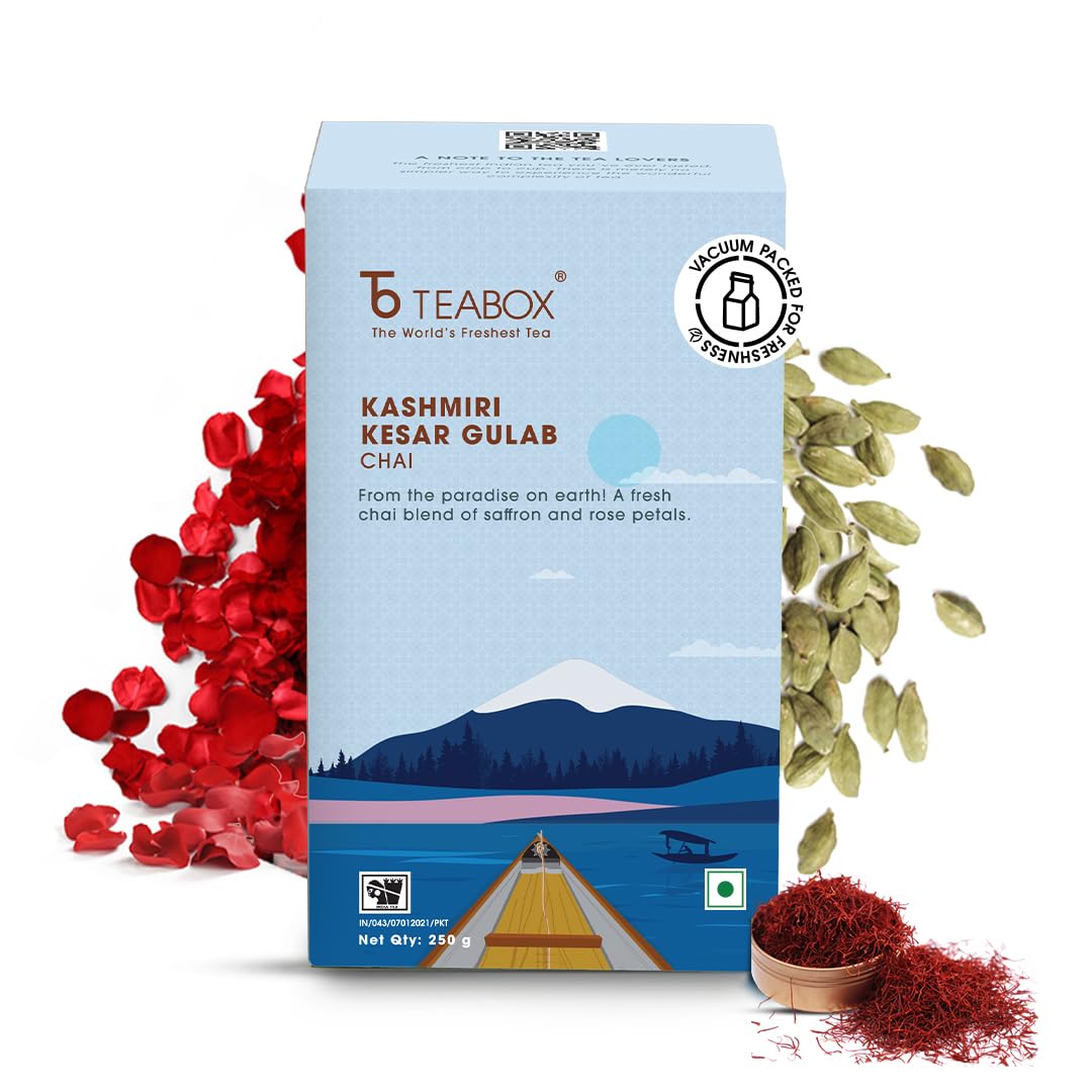 Teabox Kashmiri Kesar Gulab Masala Chai 250 Grams | From The Everlasting Beauty Of The Kashmir Valley | Tea Mixed With The World's Rarest Saffron