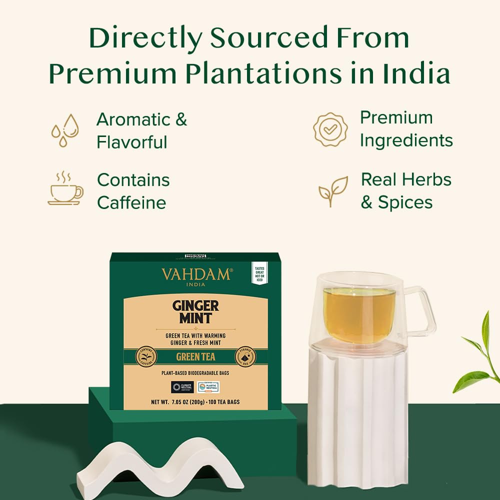 VAHDAM, Ginger Mint Green Tea Bags (100 Count) High Grown Green Tea with Raw Ginger | Medium Caffeine | Non GMO, Gluten Free | Mint Tea Bags |