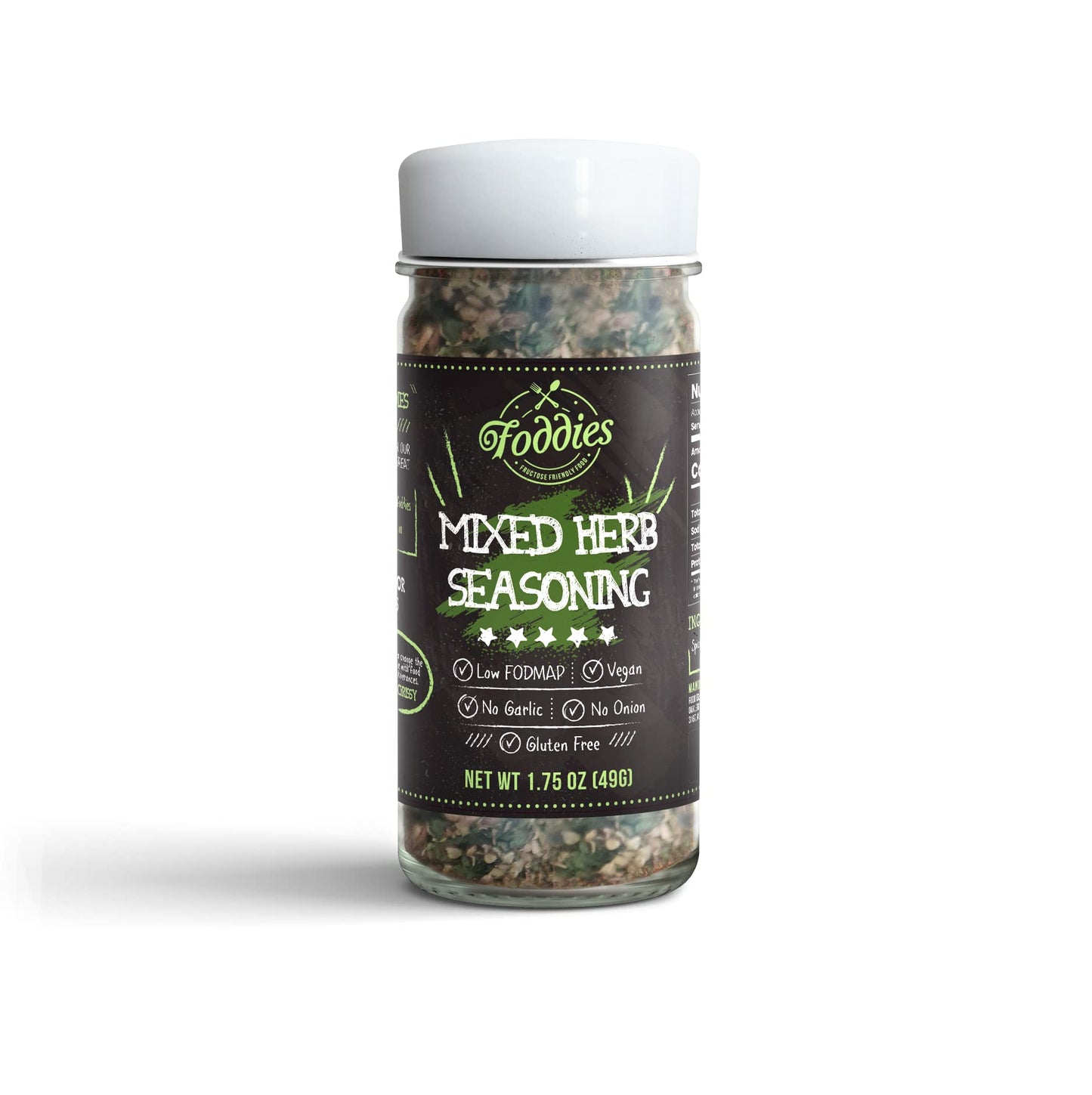 Foddies Low FODMAP Mixed Herb Seasoning - Oregano Basil Thyme Spice Blend, No Onion No Garlic, IBS Friendly, Gluten Free, Vegan, 1.75oz
