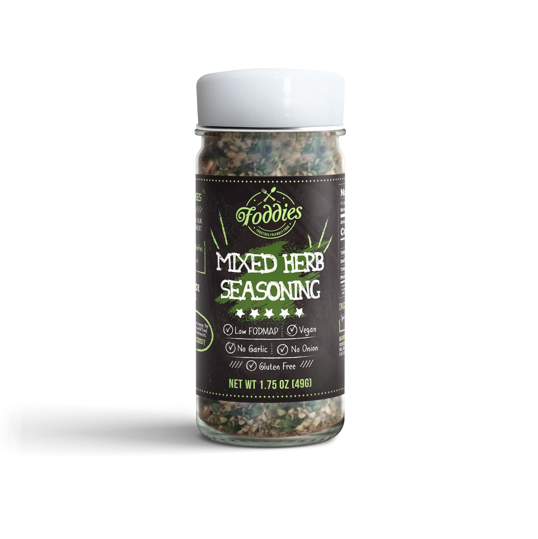 Foddies Low FODMAP Mixed Herb Seasoning - Oregano Basil Thyme Spice Blend, No Onion No Garlic, IBS Friendly, Gluten Free, Vegan, 1.75oz