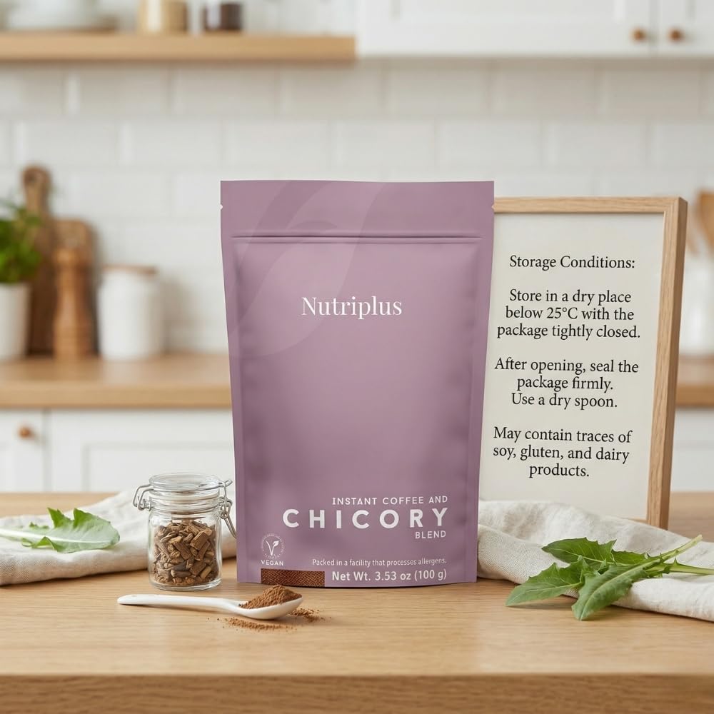 FARMASi Nutriplus Instant Coffee and Chicory Blend, Medium Roast Low Caffeine Coffee Alternative, Vegan Soluble Beverage with Chicory Root, 3.53 oz