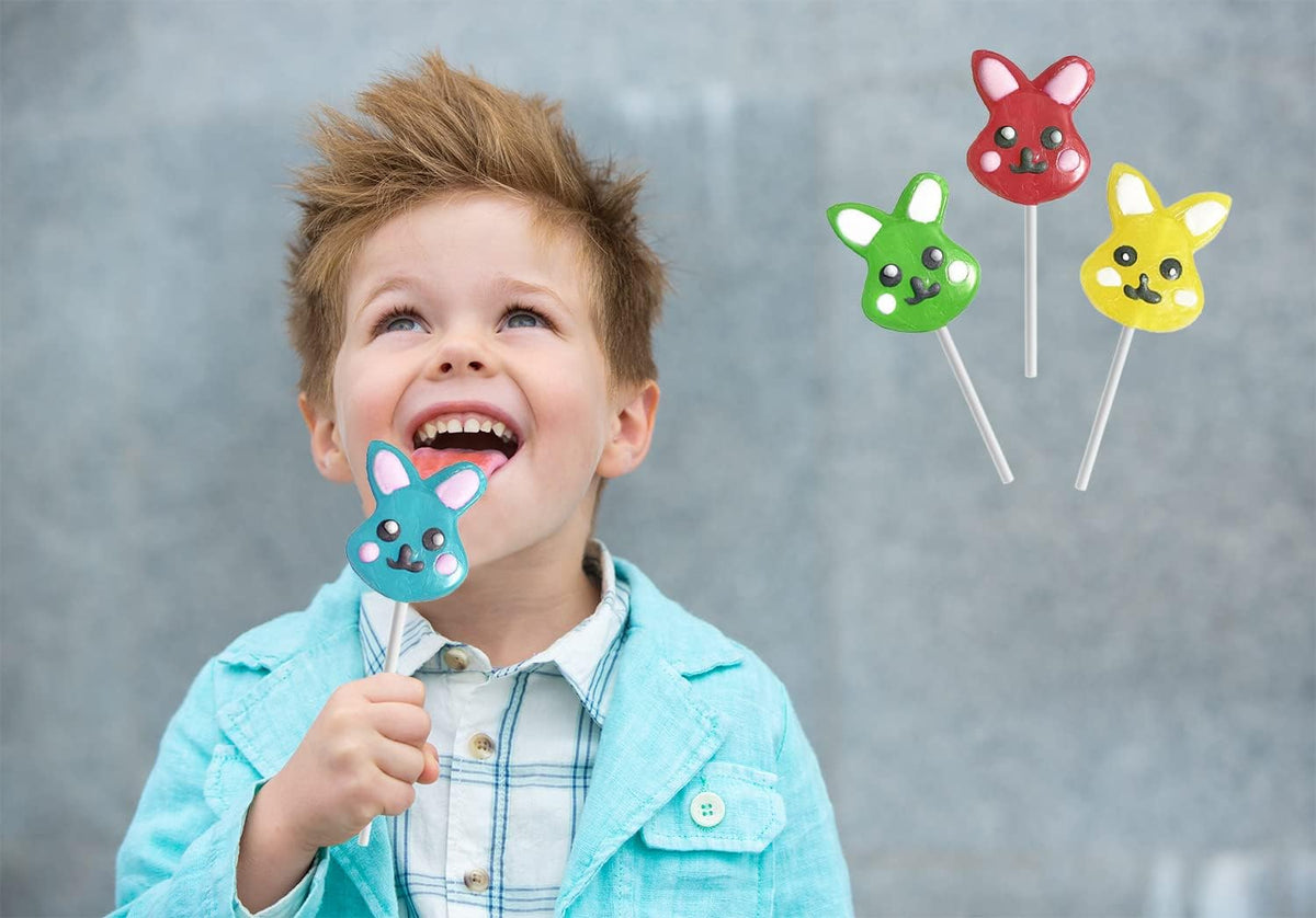 Happy Easter Bunnies Lollipops Suckers, Colorful Easter Eggs, Yellow Bunny Rabbit, Orange Carrot Designs Fat-Free, Individually Wrapped Pops