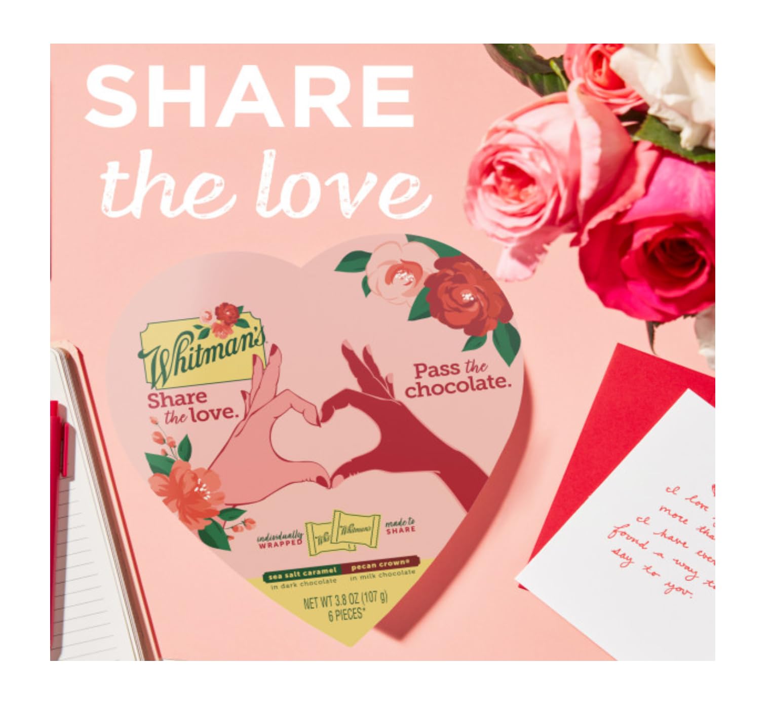 Whitman's Valentine's Day Heart Box - Assorted Milk Chocolate Pecan and Dark Chocolate Sea Salt Caramel - 6 Pieces Per Box - Start a New Tradition