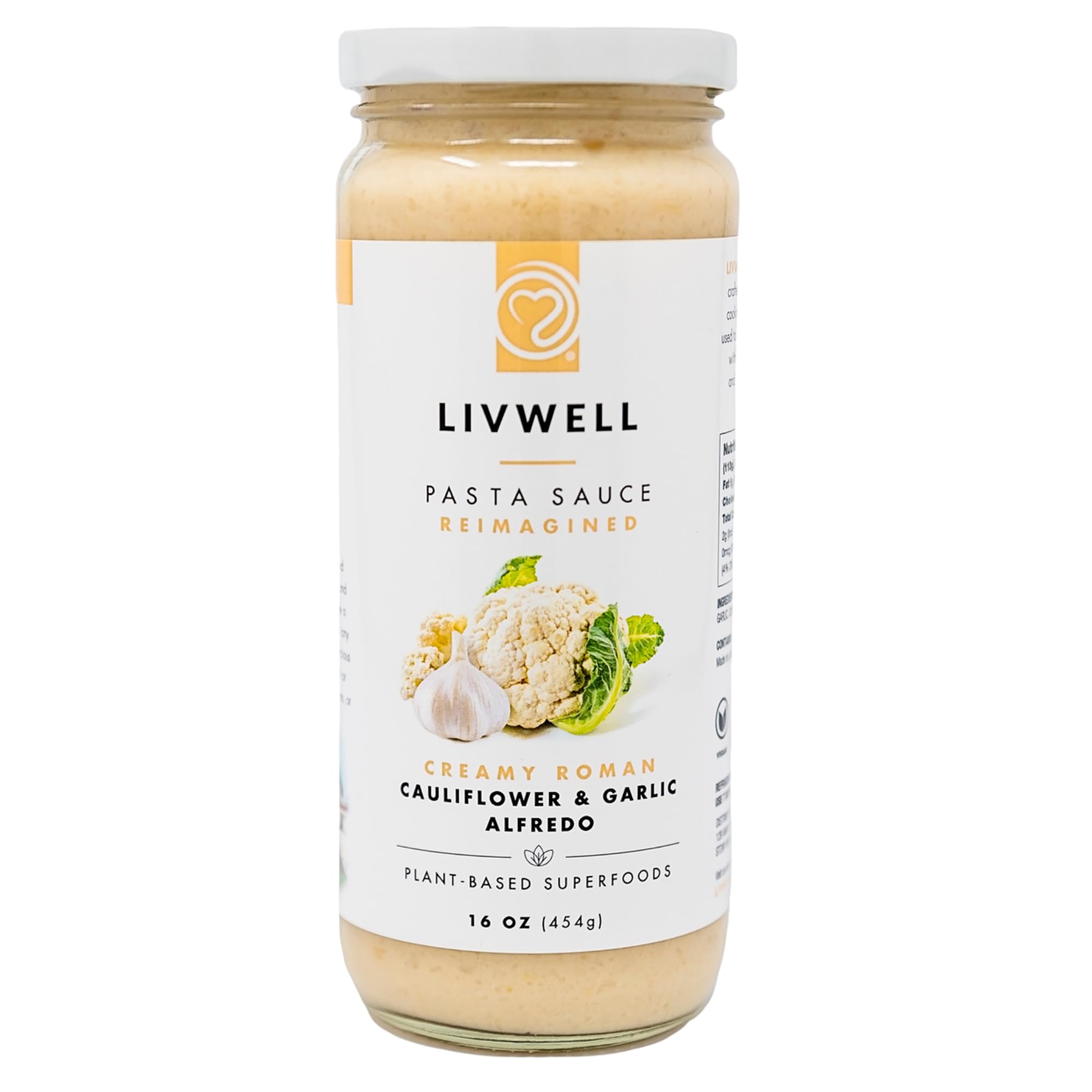 LIVWELL Dairy-Free Cauliflower Pasta Sauce - Plant Based Vegan Alfredo Pasta Sauce with Cauliflower, Roasted Garlic & Cashews, Nutrient Rich, Non GMO