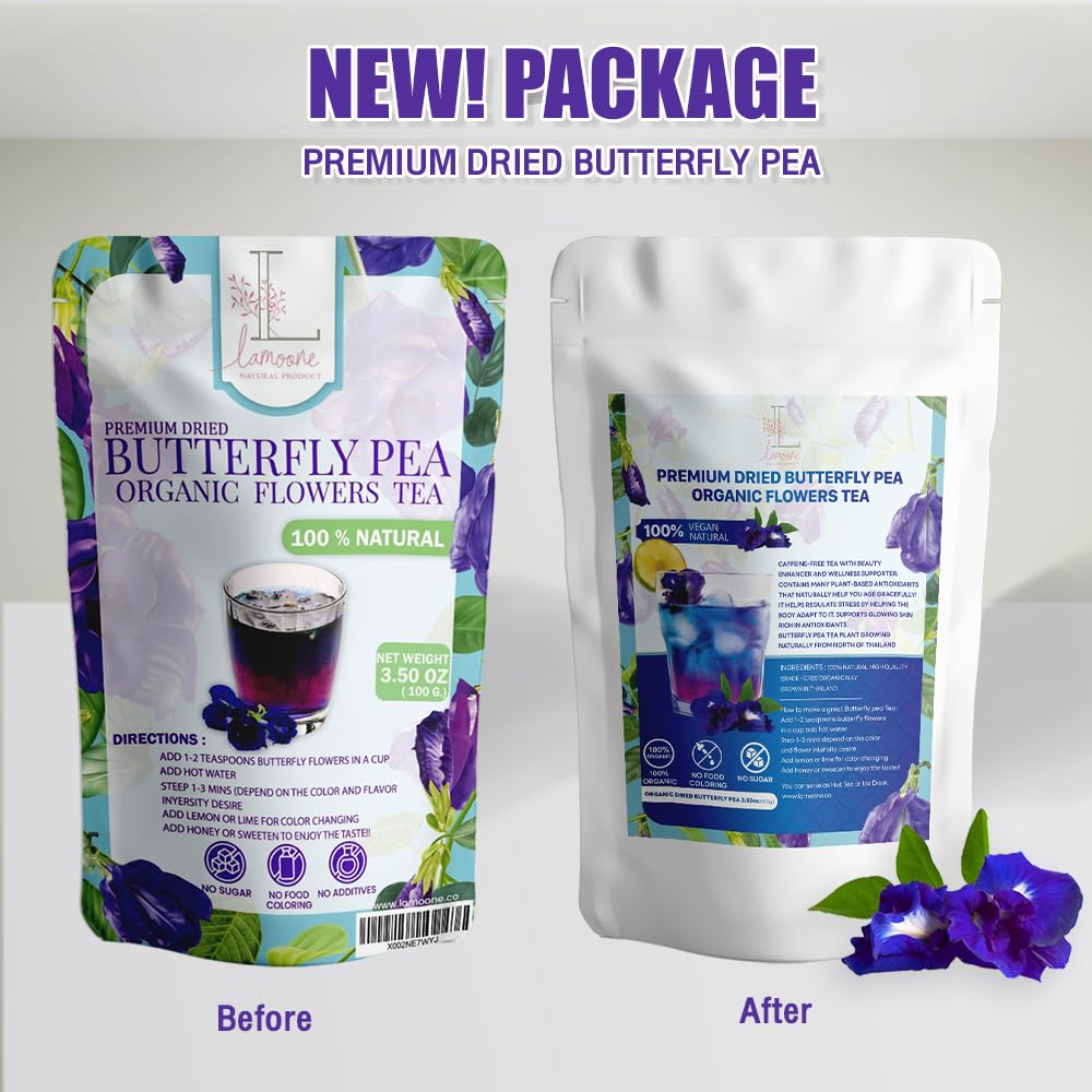 BIG VALUE PACK Blue Tea - Lamoone Premium Organic Dried Butterfly Pea, Purple Tea, Violet Tea, Non - GMO, 100g. (3.52 OZ) Rich Antioxidants. Natural