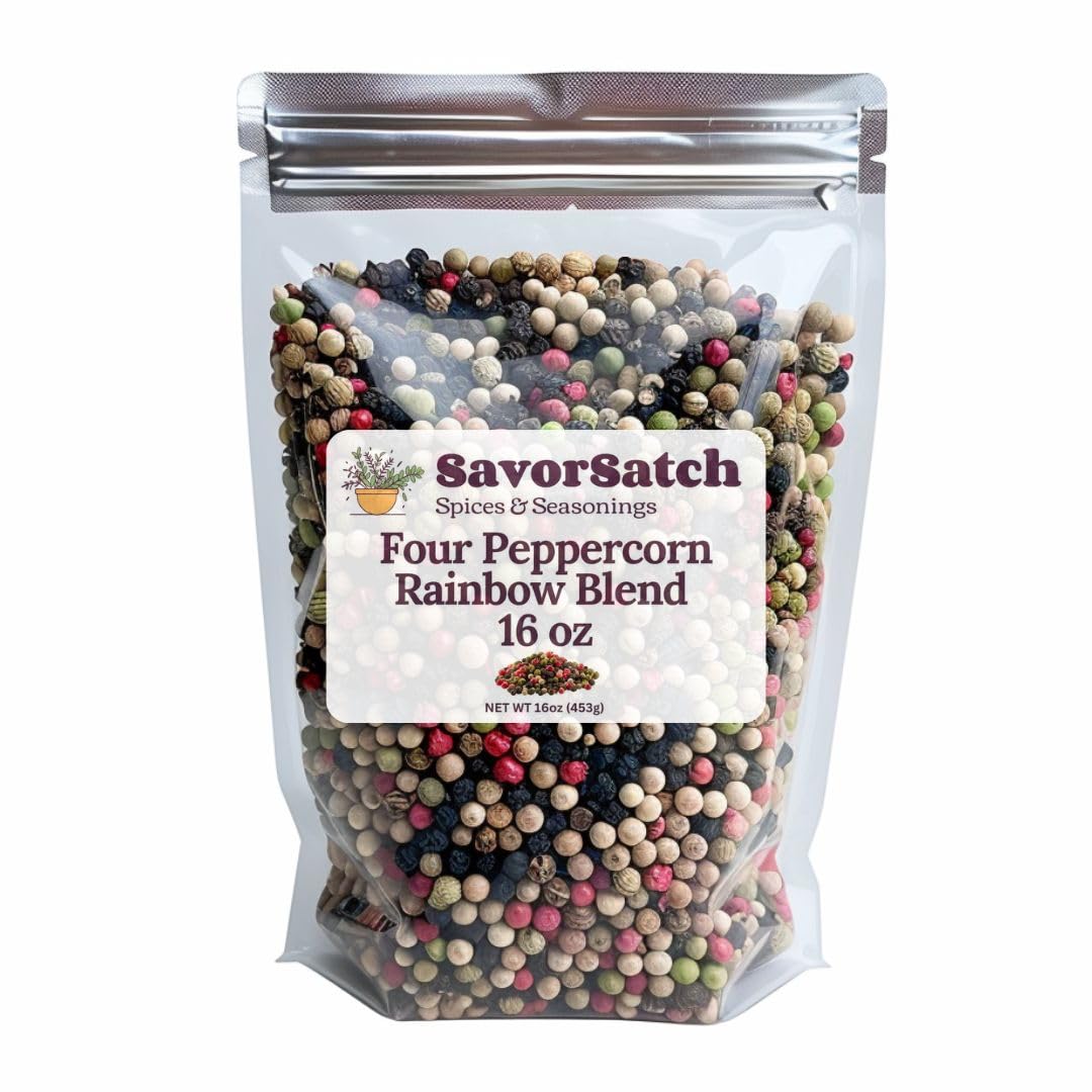 SavorSatch Four Blend Peppercorns - 16oz Resealable Pouch | Bulk Pack | Premium Gourmet Whole Black, White, Green, Pink Peppercorn Mix | Perfect