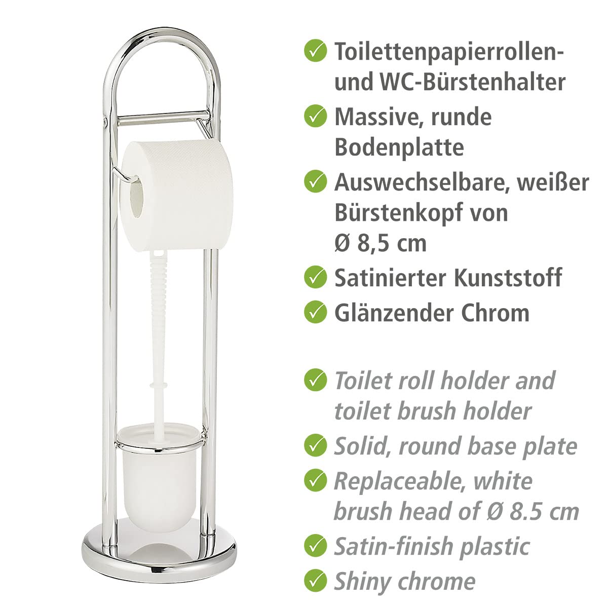 Toilet Paper Stand with Toilet Brush, Toilet Paper Holder Set, Free Standing Toilet Paper Holder, Stainless Steel, White, 7.5 x 7.5 x 24.8 in