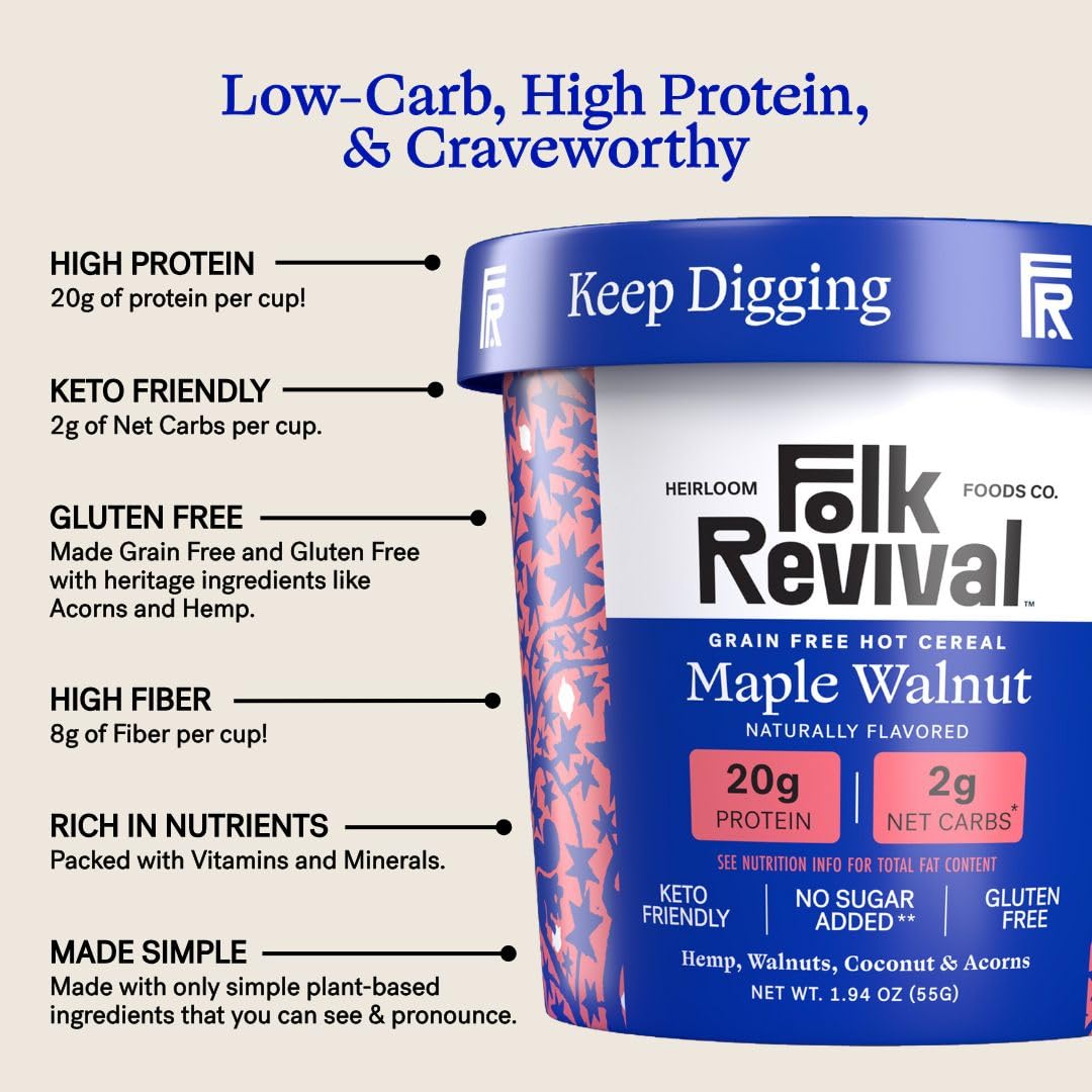 Folk Revival Maple Walnut Keto Instant 'Oatmeal' - 20g Protein, 2g Net Carbs, High Fiber, Non GMO, Gluten Free, Made with Acorns - 6 Cups Per Case