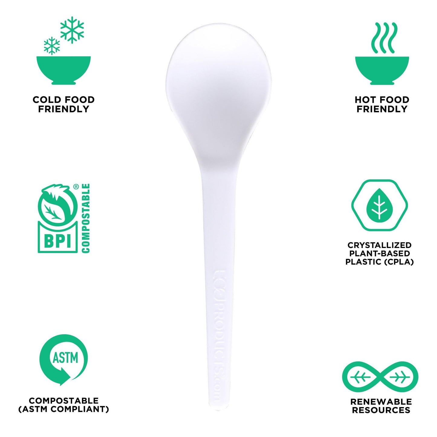 Eco-Products Compostable CPLA 6" Plastic Soup Spoons, Case of 1000, Disposable White Spoon, Plantware Cutlery, Renewable Material Made from Plants
