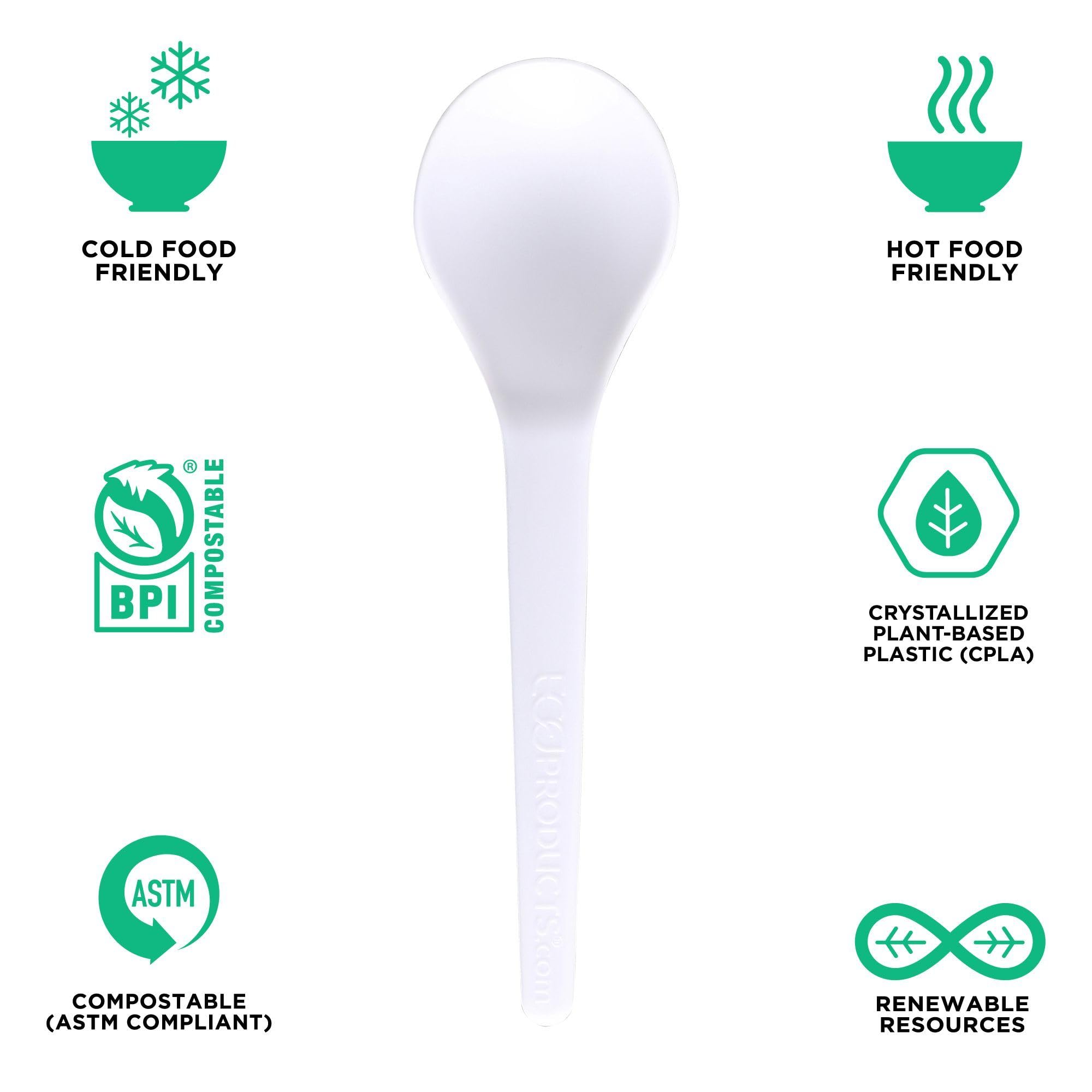 Eco-Products Compostable CPLA 6" Plastic Soup Spoons, Case of 1000, Disposable White Spoon, Plantware Cutlery, Renewable Material Made from Plants