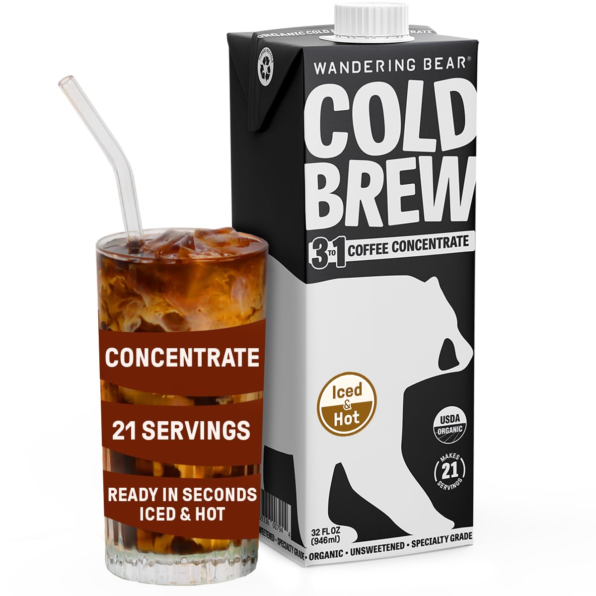 Wandering Bear Organic Unsweetened Extra Strong Cold Brew in a Box - Make Your Own Iced Coffee Drink with Wandering Bear Black Concentrate
