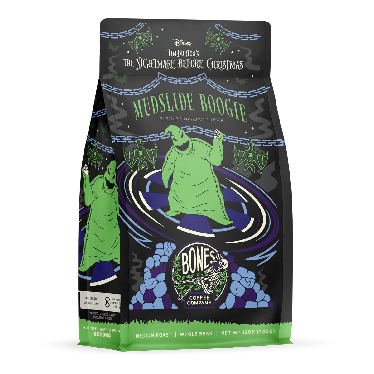Bones Coffee Company The Nightmare Before Christmas Mudslide Boogie Flavored Coffee Beans, Medium Roast Ground Coffee Low Acid, Chocolate Mudslide