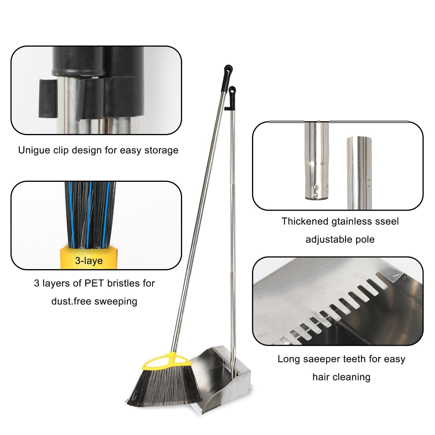 GLOHOO Broom and Dustpan Set, Outdoor Heavy Duty Broom with Stainless Steel Dustpan,Stiff Bristles Broom and Metal Dust Pan for Home