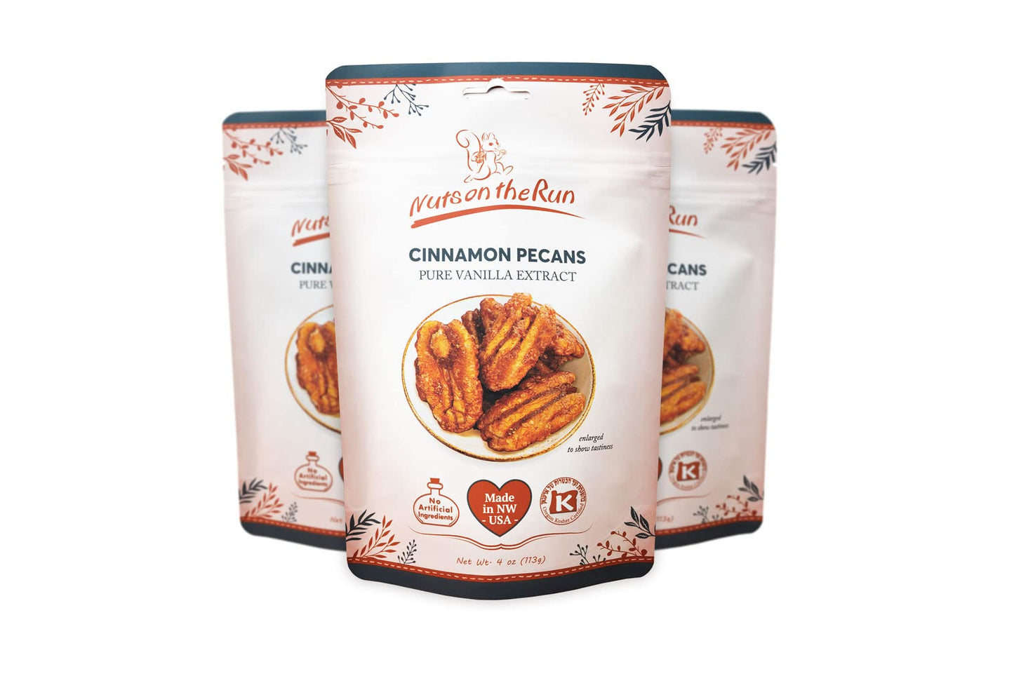 Nuts on the Run Cinnamon Pecans - 4oz (PACK OF 3 BAGS), Roasted Cinnamon Pecan Pralines