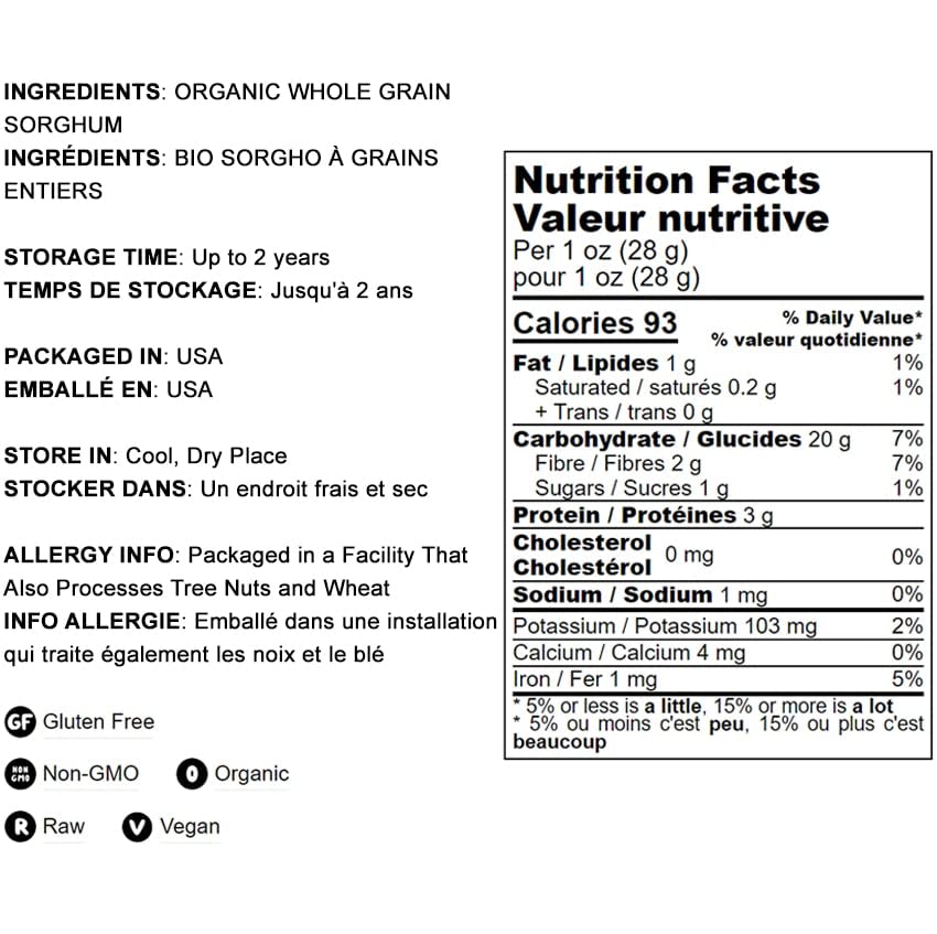 Food to Live Gluten Free Organic Whole Grain Sorghum, 1.5 Pounds - Non-GMO White Groats. Raw Milo Seeds. Vegan, Bulk Broom-corn. Durra is Great