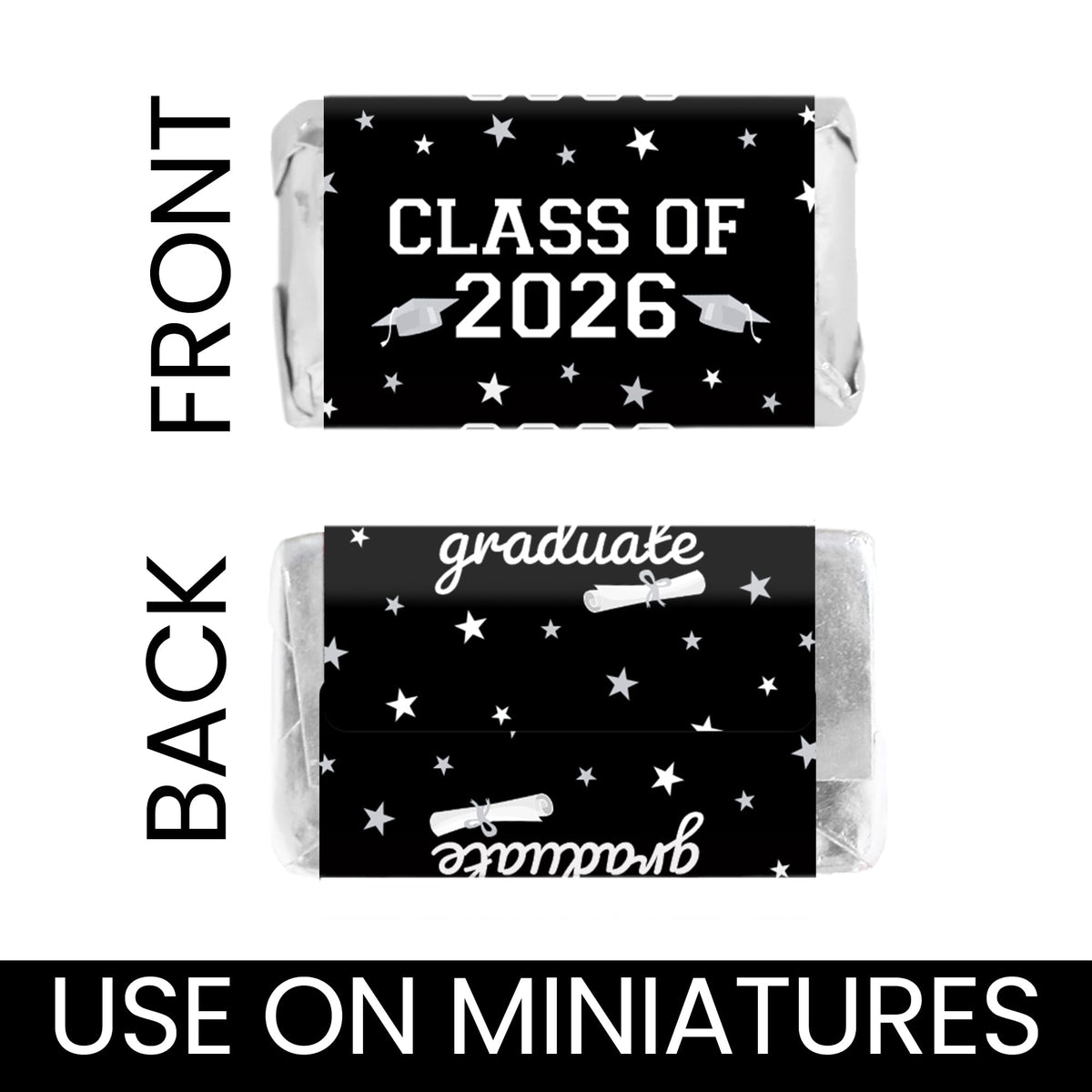 Black White Class of 2026 Graduation Mini Candy Bar Wrappers, 42 Count