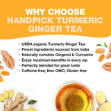 HANDPICK, Organic Turmeric Ginger Tea (100 Tea Bags) | Herbal Tea, Strong Spicy Flavor, Caffeine Free, Daily Wellness Tea, Smooth & Warming Infusion |