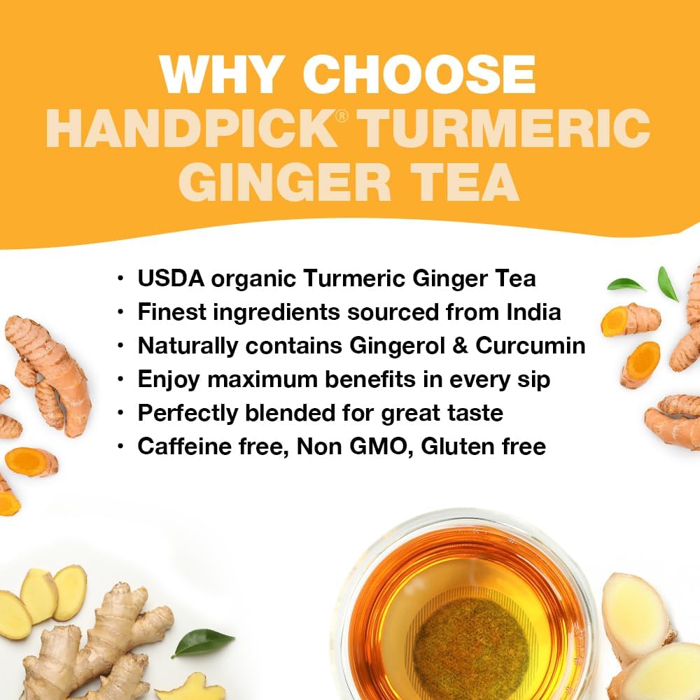 HANDPICK, Organic Turmeric Ginger Tea (100 Tea Bags) | Herbal Tea, Strong Spicy Flavor, Caffeine Free, Daily Wellness Tea, Smooth & Warming Infusion |