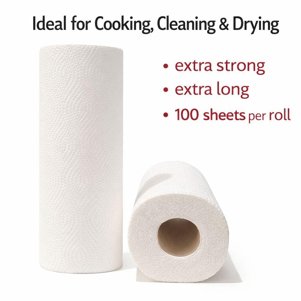 FFinz Kitchen Towels Paper - Extra Absorbent, 100% Virgin Wood Pulp, Oil Remover. 12 Roll, 1200 Sheets