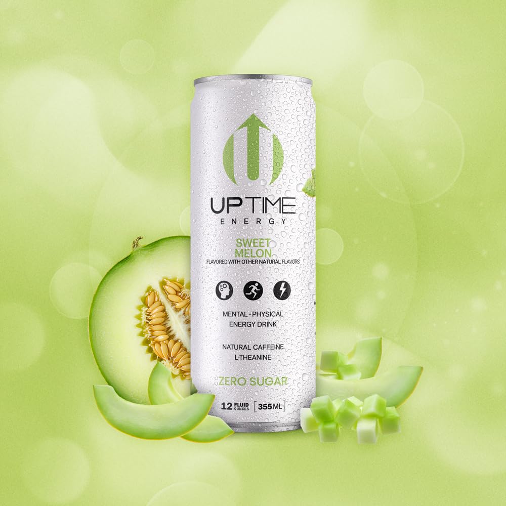 UPTIME Energy Drink, Sweet Summer Melon Sparkling, 12 Pack, Vitamin C, L Theanine, Calcium, Sugar Free Energy Drinks for Focus Support, 142mg