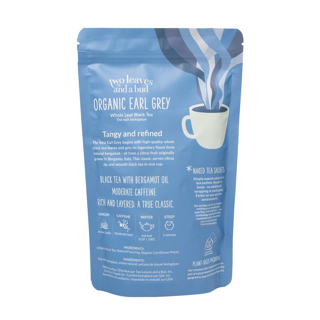 Two Leaves and a Bud Organic Earl Grey, 50 Naked Tea Sachets - Whole Leaf Black Tea in Unwrapped Pyramid Sachets, Resealable Bag, 50 Count (Pack of 1)