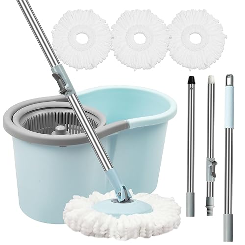 Spin Mop and Bucket with Wringer Set, Operable 360° Rotating Mop Bucket Set with 3 Microfiber Replacement Head, Stainless Steel Extended Handle