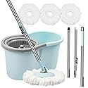 Spin Mop and Bucket with Wringer Set, Operable 360° Rotating Mop Bucket Set with 3 Microfiber Replacement Head, Stainless Steel Extended Handle