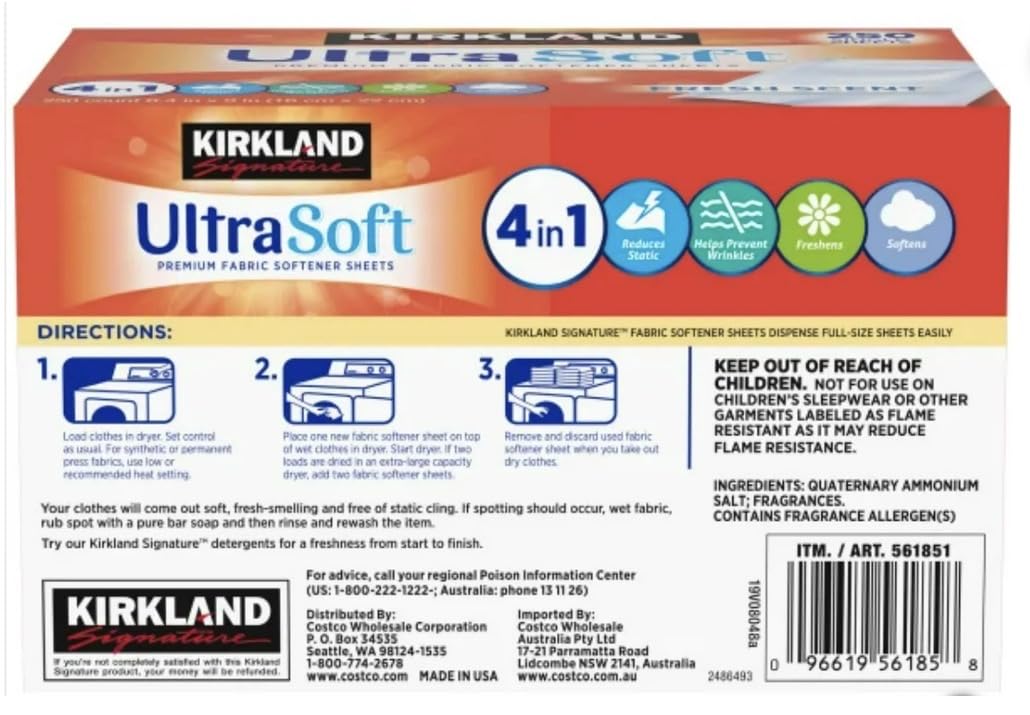 Kirkland Signature Fabric Softener Sheets, Premium Ultra Soft, Fresh Scent, 250 Sheets, White