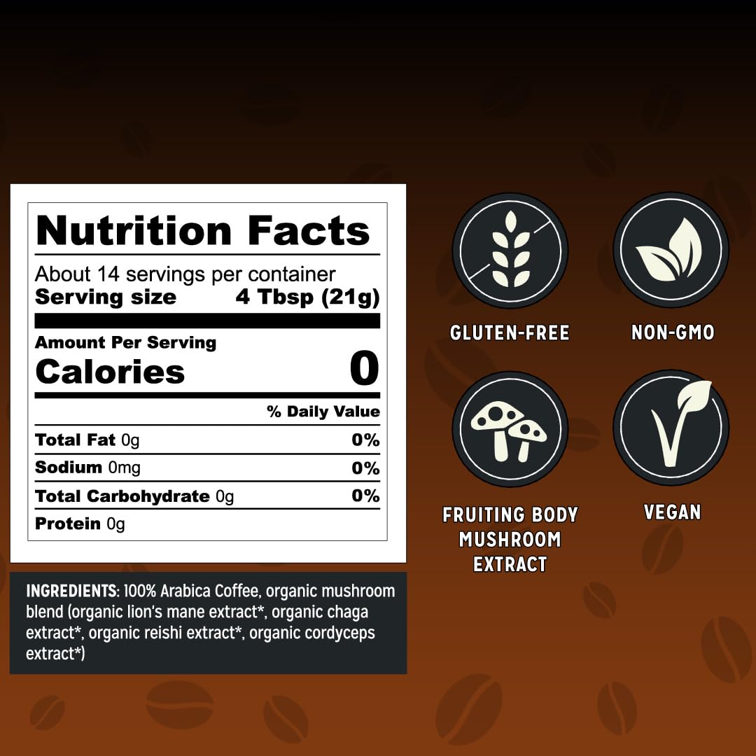 Bones Coffee Company Better Brain Mushroom Coffee Dark Roast Low Acid Arabica Coffee with Mushroom Blend for Energy, Focus, Digestion and Immunity